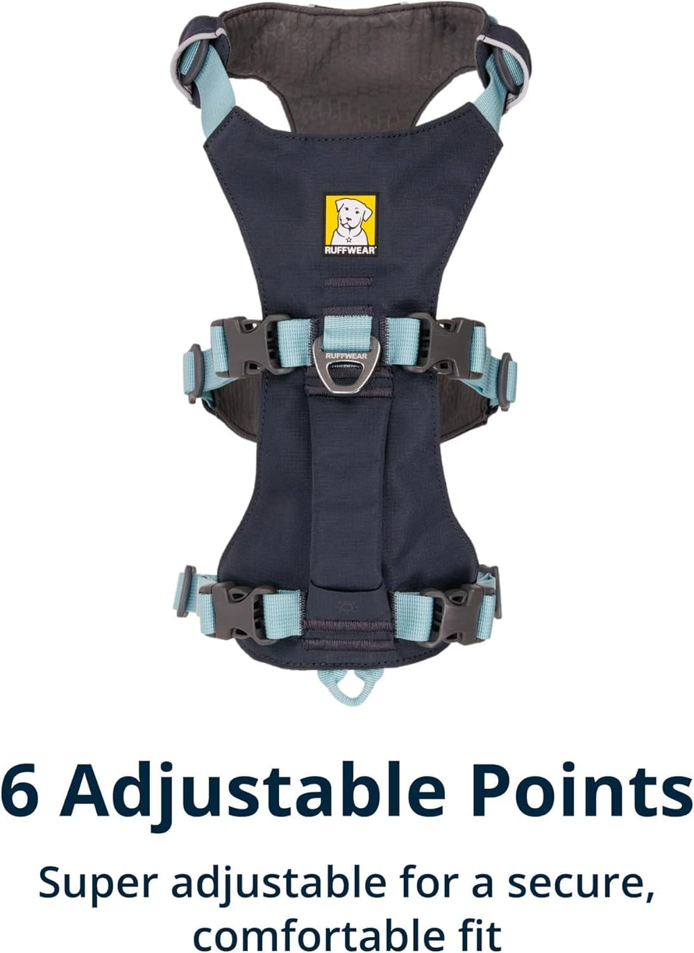 Arnés Ruffwear Flagline, panel abdominal acolchado, confort estable durante movimientos.