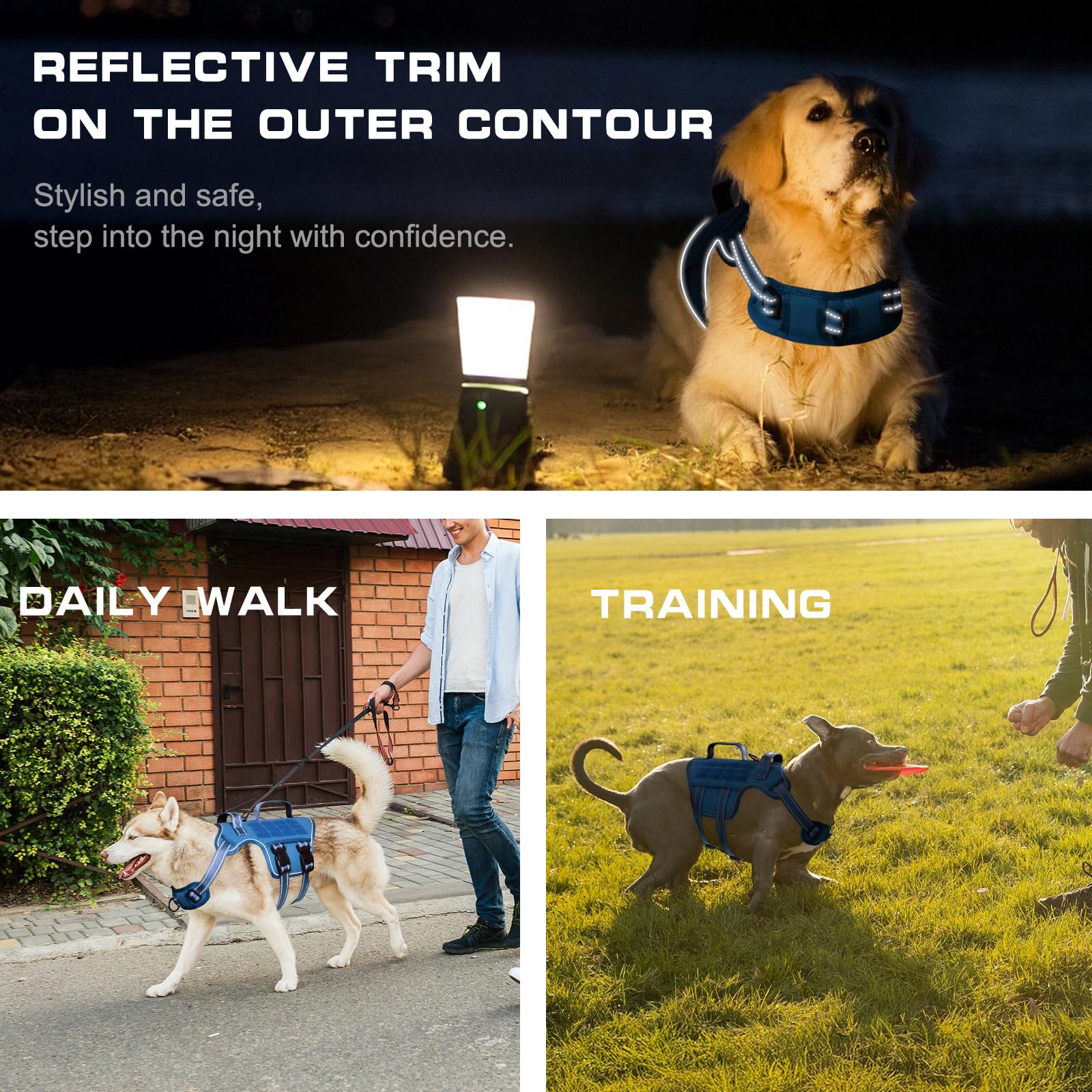 RunFido arnés reflectante: visibilidad nocturna para caminatas seguras.