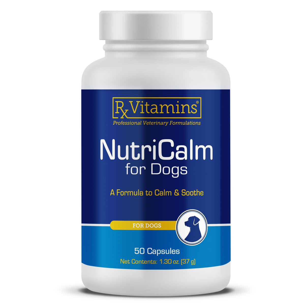 Rx Vitamins NutriCalm: botella frontal con cápsulas para calmar a tu perro.