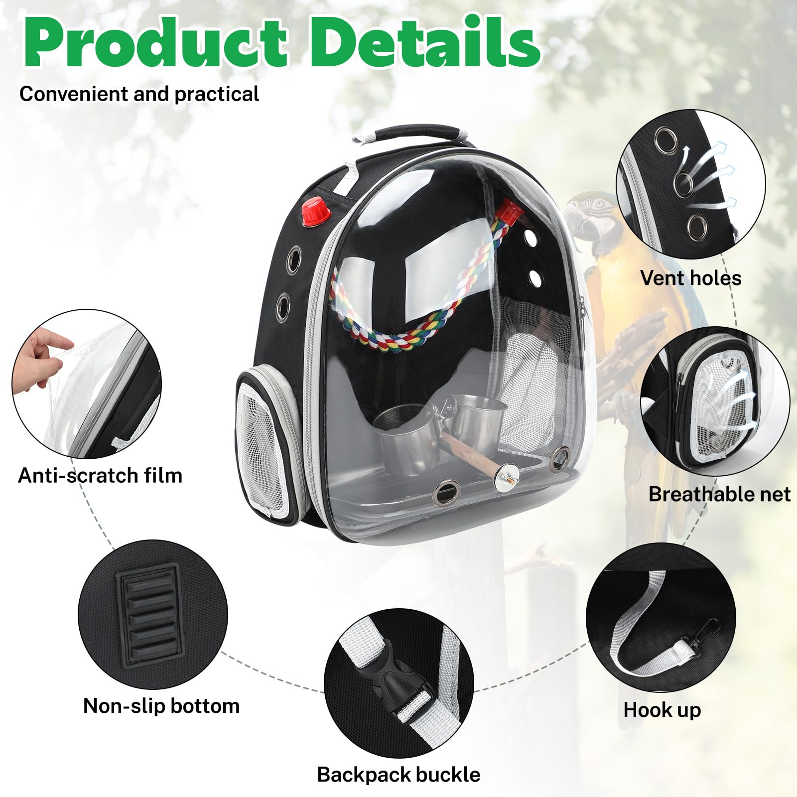Rypet mochila transporte pajaro base con bandeja de acero inoxidable para facilitar limpieza