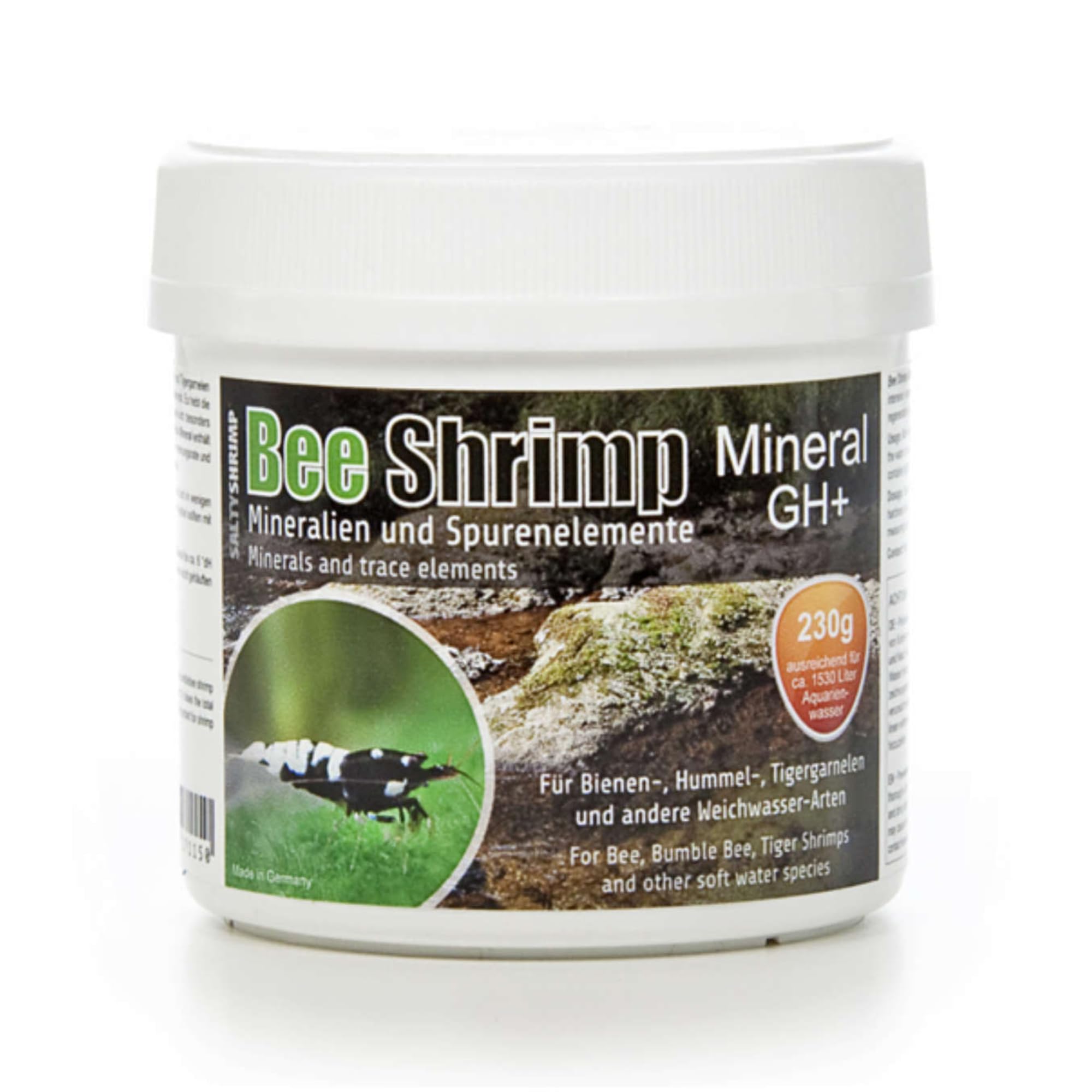 SALTYSHRIMP Mineral GH+ para camarones abeja, envase que destaca minerales para color y bienestar.
