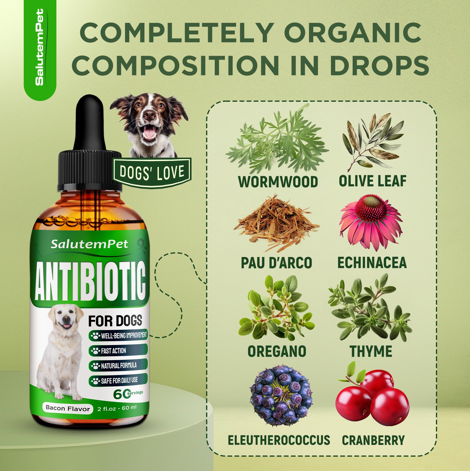 SalutemPet antibiótico, mezcla fácil con comida para perros felices.