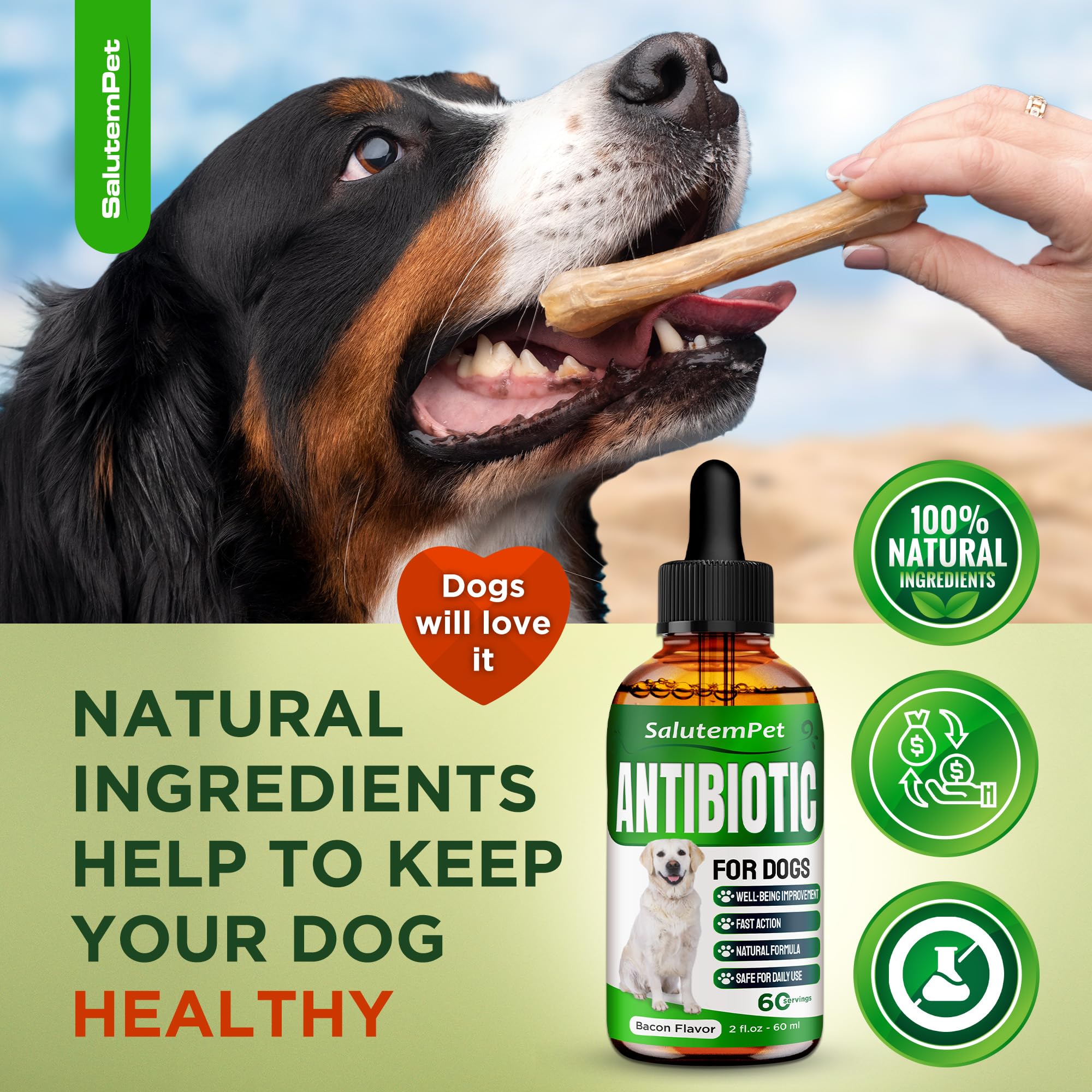 SalutemPet antibiótico, sabor a tocino para perros de todas las razas.