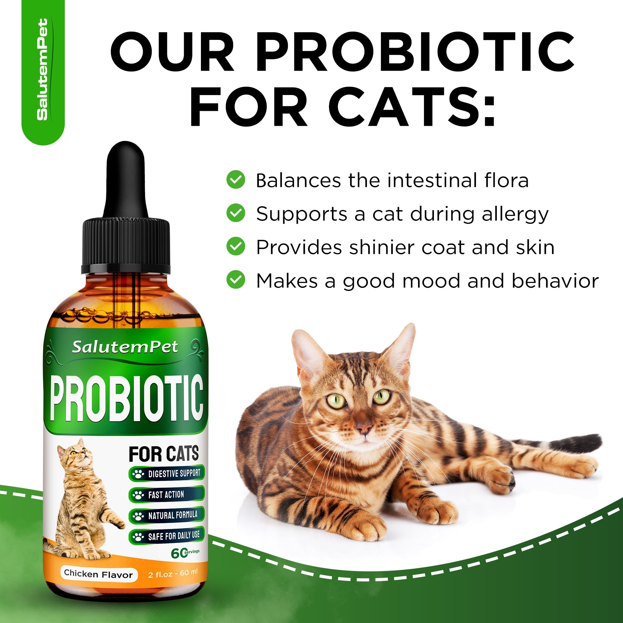 SalutemPet probióticos para gatos etiqueta frontal: envase claro y sin gluten.