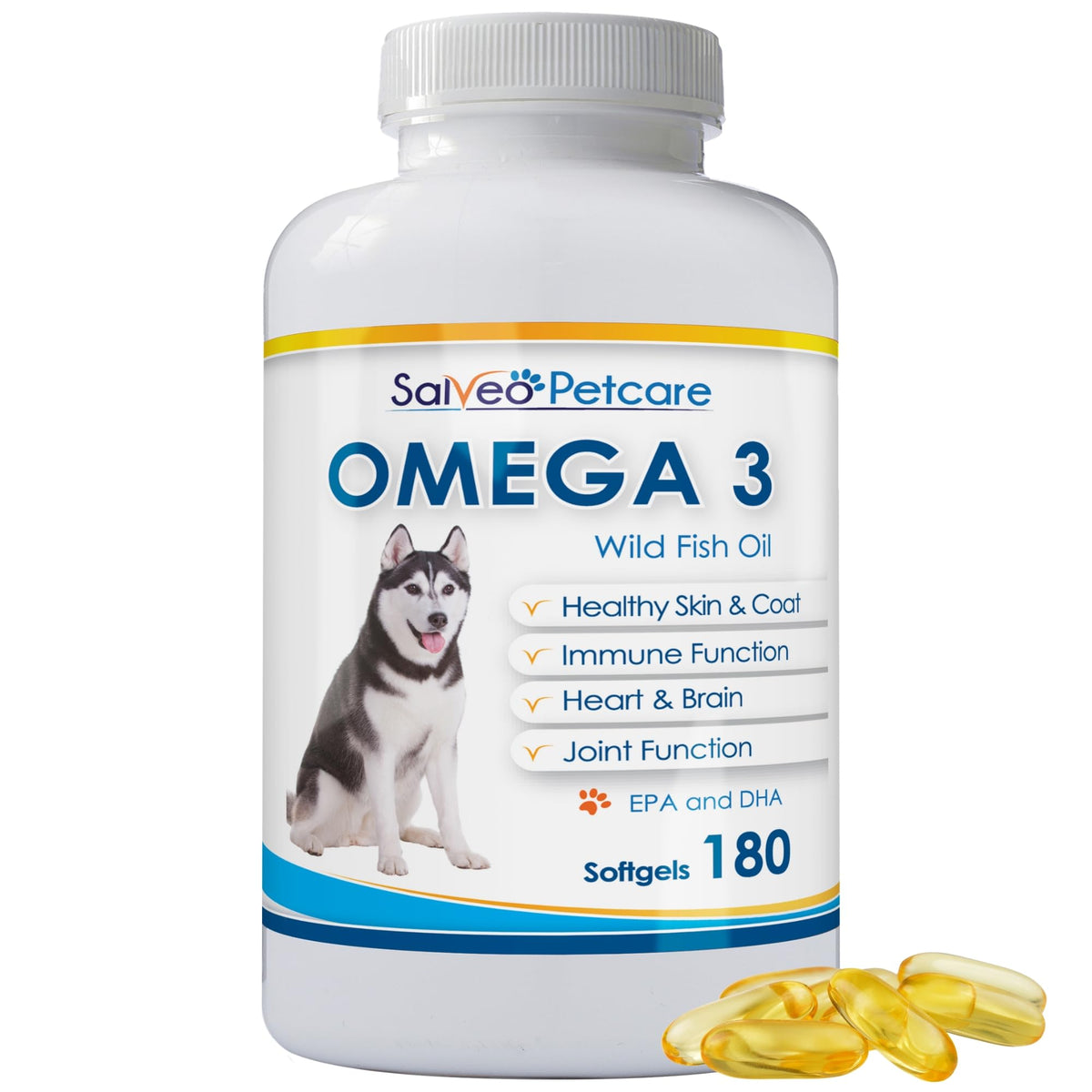 Salveo Omega3 para perros: botella de cápsulas para pelaje sano