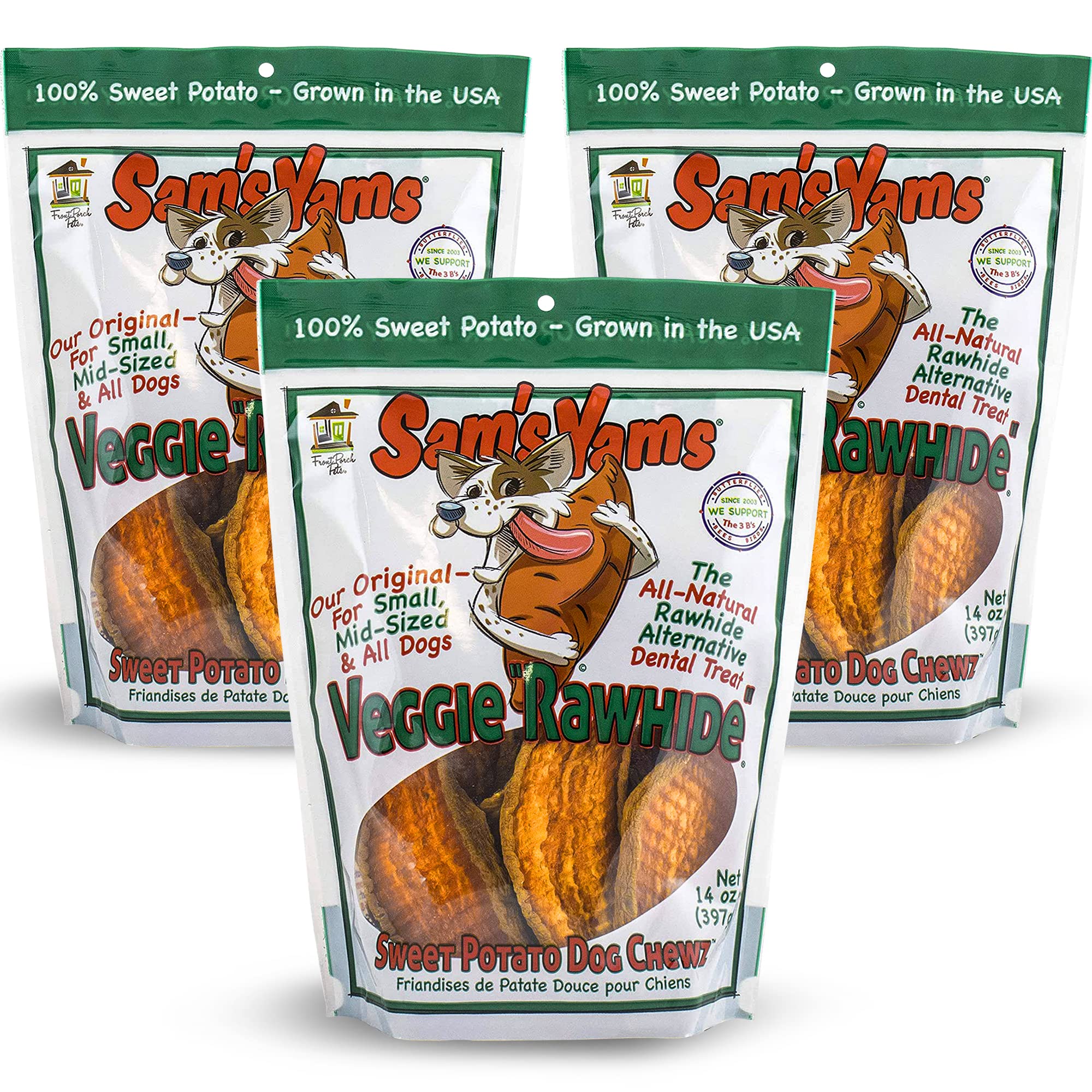Sam's Yams batata para perros, bolsa frontal, snack natural para cualquier tamaño.