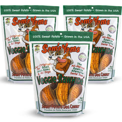 Sam's Yams batata para perros, bolsa frontal, snack natural para cualquier tamaño.