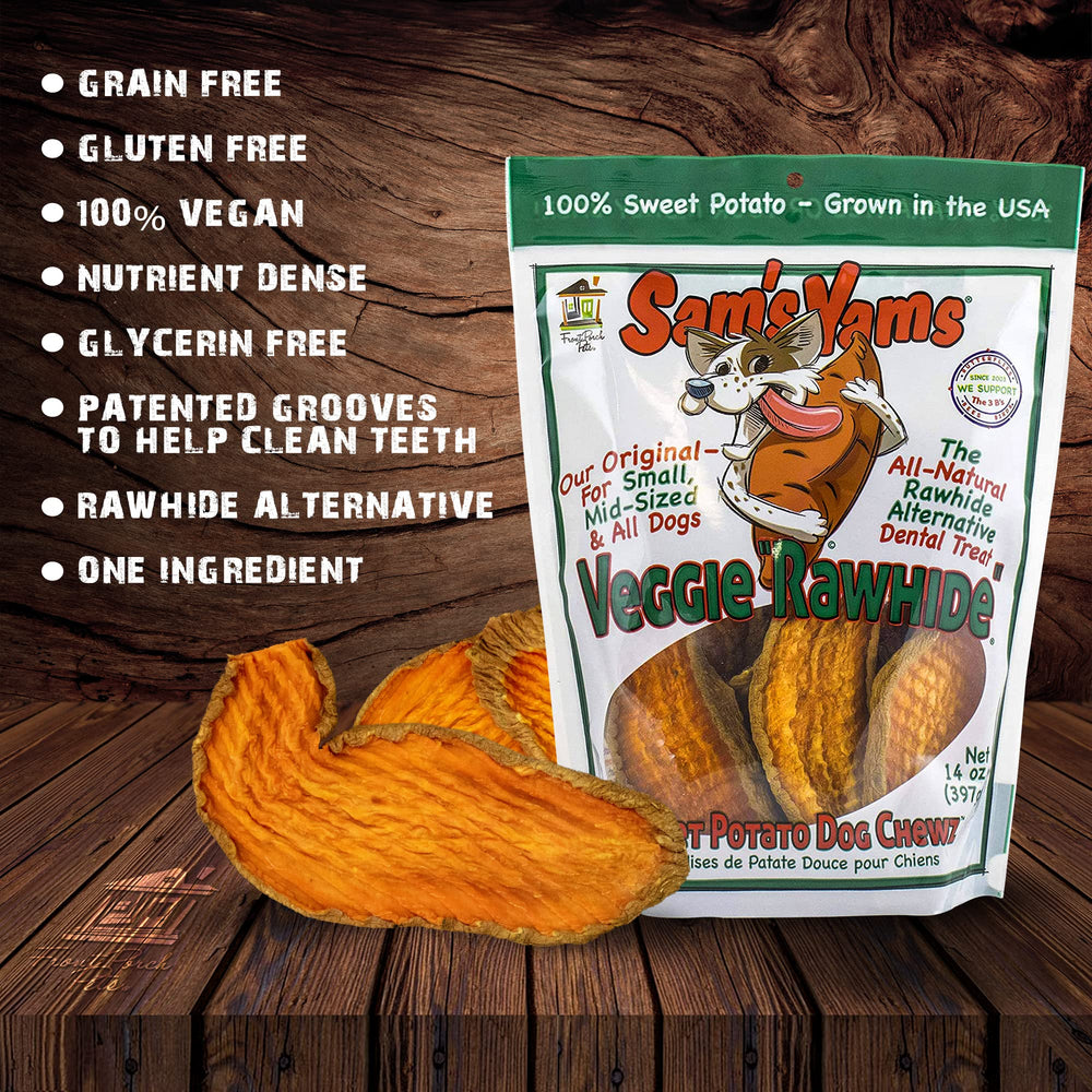 Sam's Yams batata para perros, mordida cercana, apoyo ocasional a la higiene bucal.