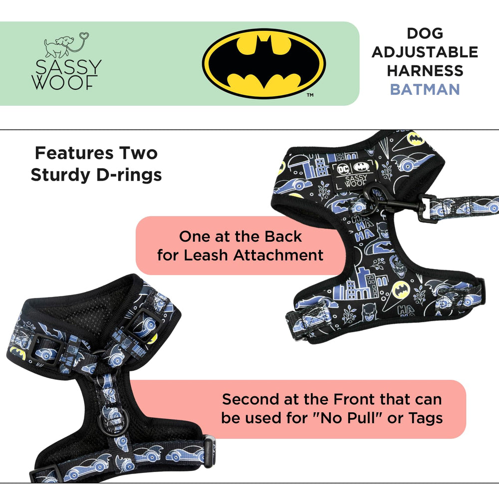Arnés Sassy Woof Batman XL con anilla frontal para entrenamiento sin tirones