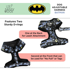 Arnés Sassy Woof Batman XL con anilla frontal para entrenamiento sin tirones