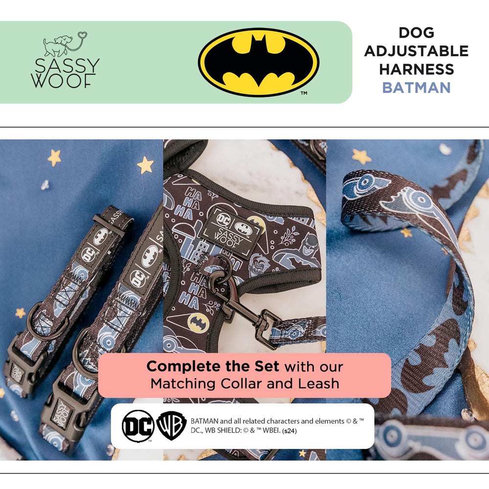 Arnés Sassy Woof Batman XL con conjunto a juego: correa, collar y porta-bolsas