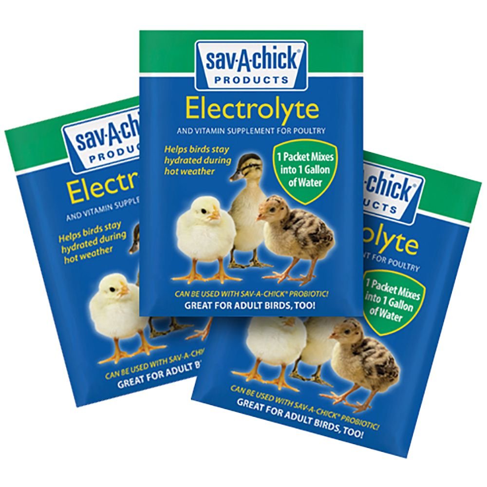 Sav-A-Caf Sav-A-Chick: Paquetes dosificados para electrolitos en agua de aves de corral, favoreciendo hidratación.