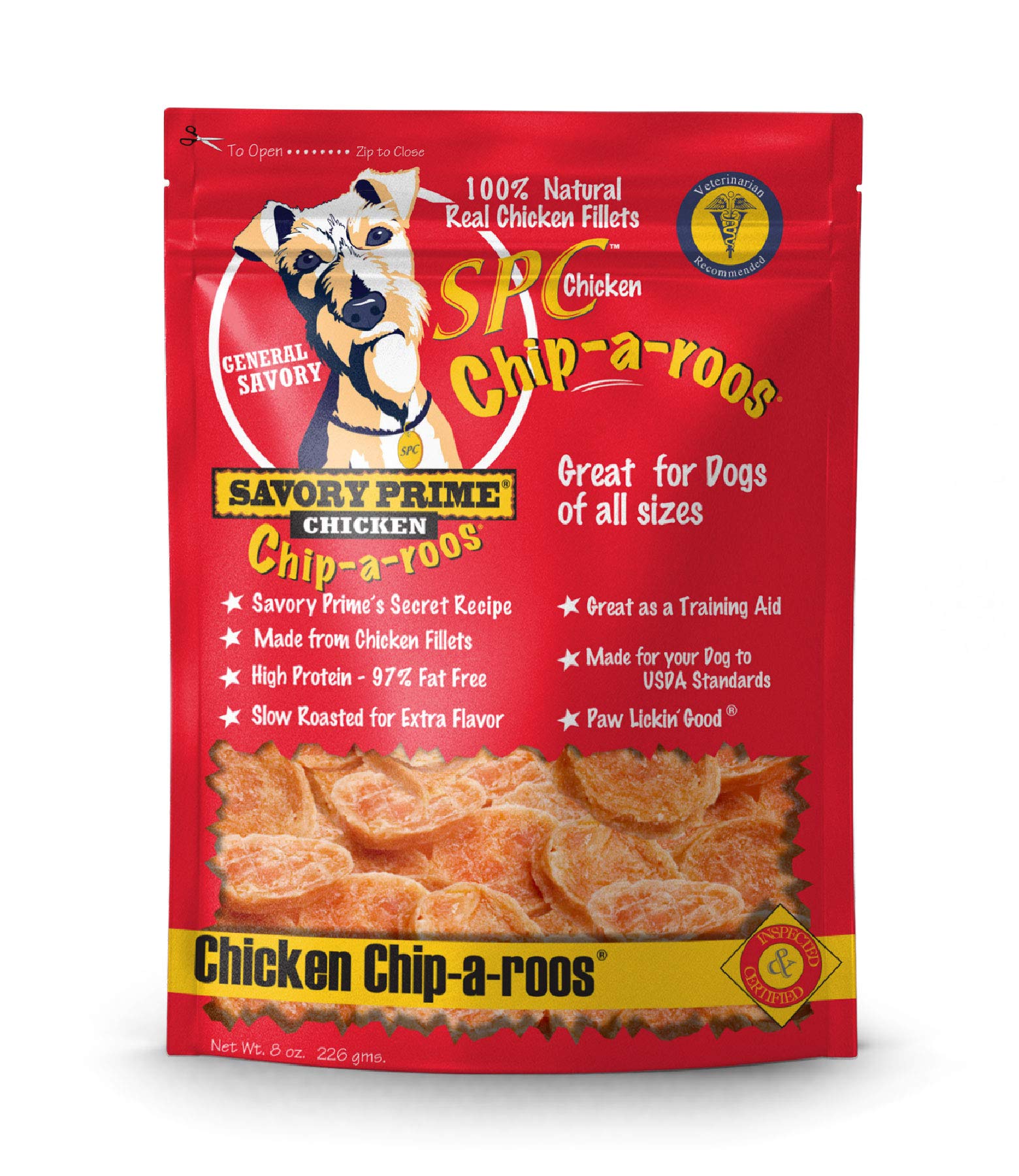 Savory Prime Chicken Chip-A-Roos en empaque, snack natural ideal para perros.
