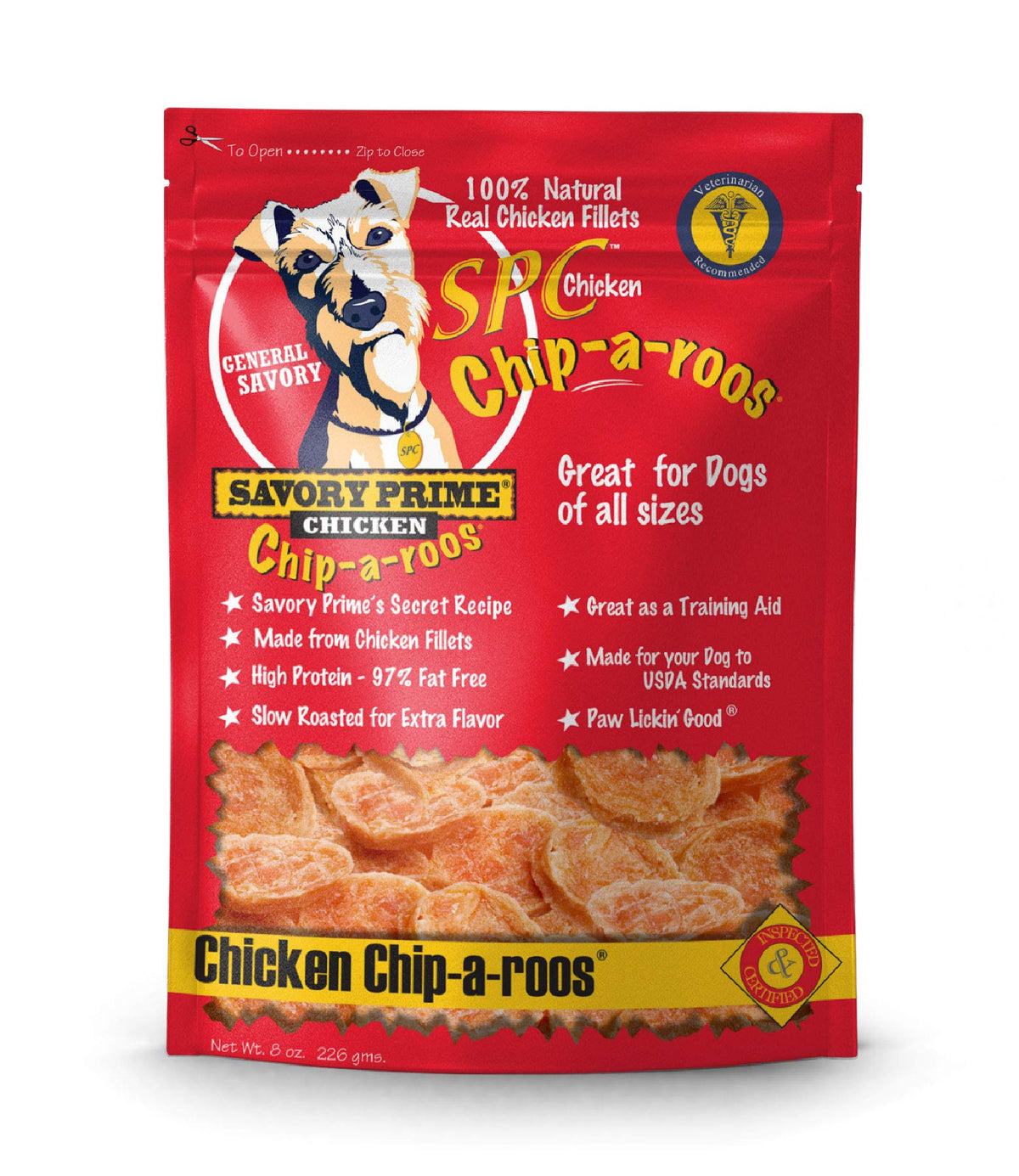 Savory Prime Chicken Chip-A-Roos en empaque, snack natural ideal para perros.
