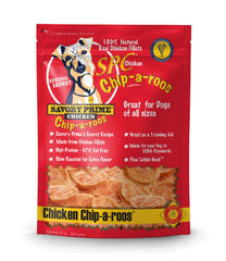 Savory Prime Chicken Chip-A-Roos en empaque, snack natural ideal para perros.