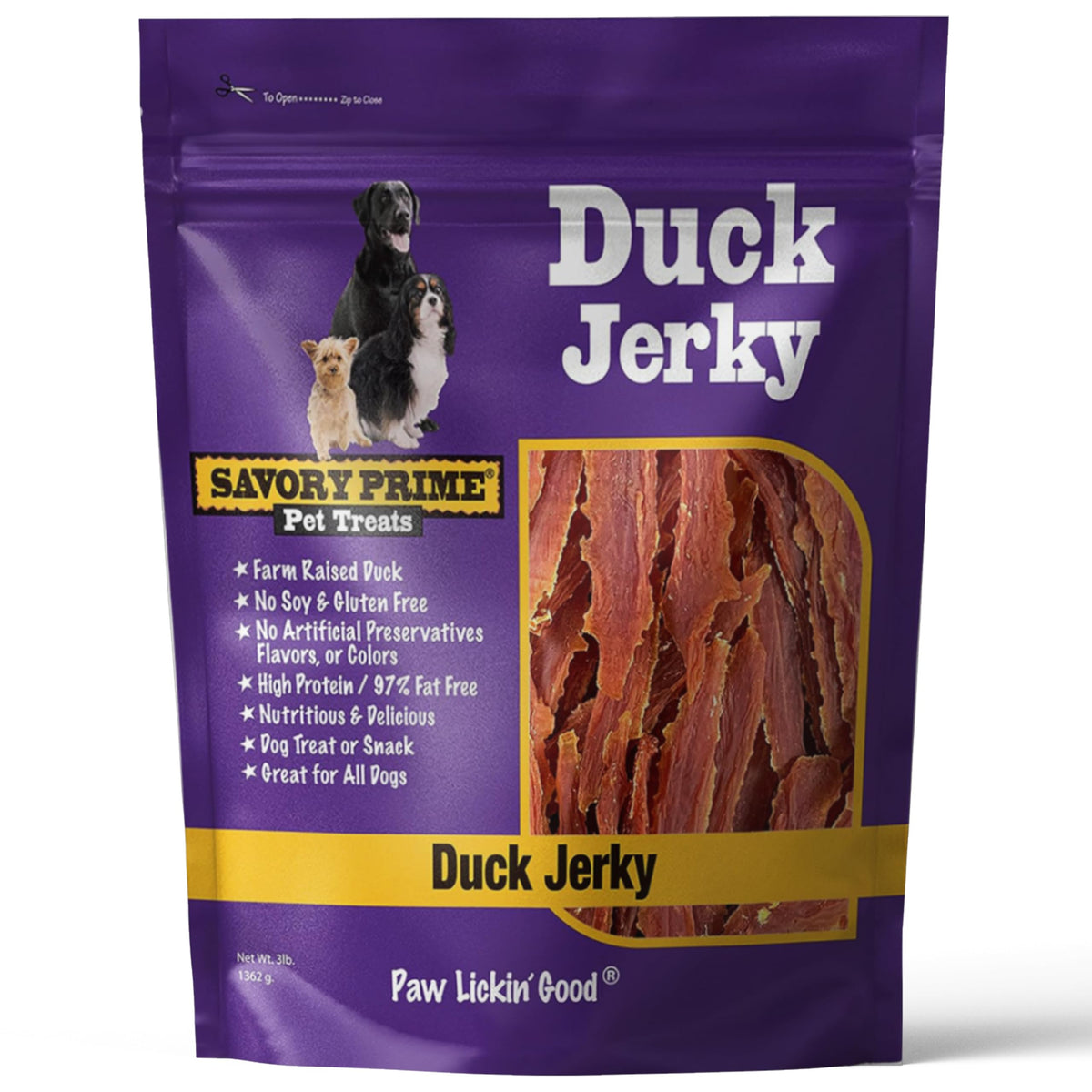 Savory Prime: frente del empaque de jerky de pato, snack sabroso para perros