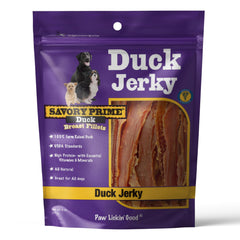 Savory Prime jerky de pato: envase visible, premio sabroso para perros