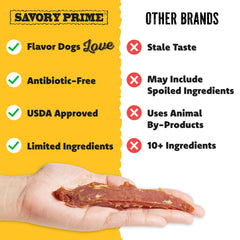 Savory Prime jerky de pato: perro disfrutando de una proteína sabrosa