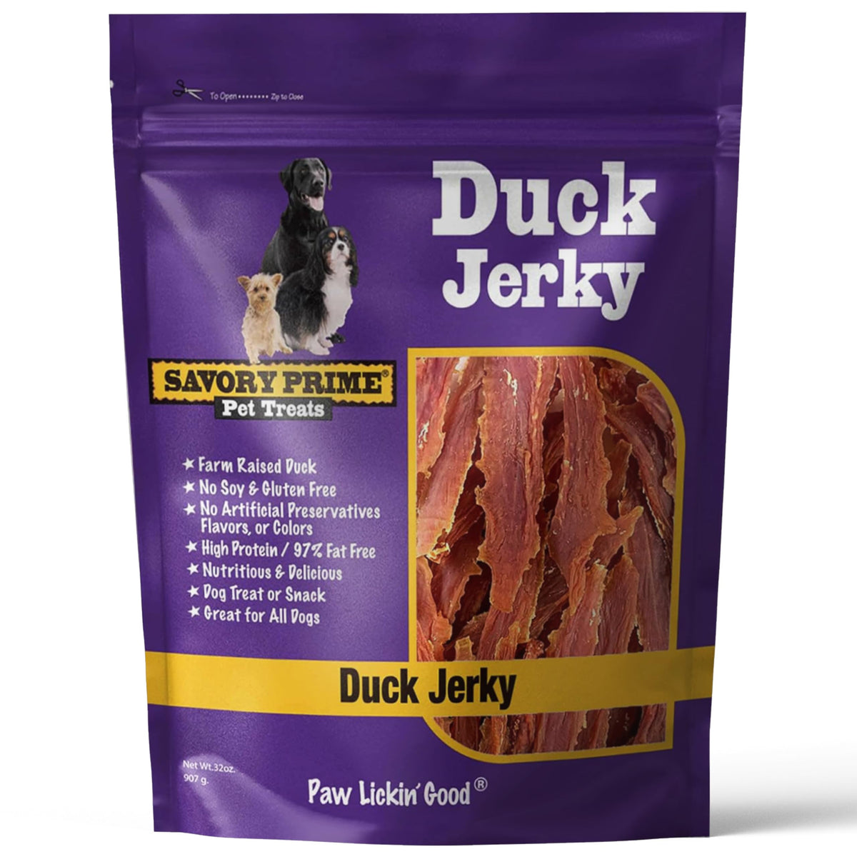 Savory Prime empaque de tiras de pato, snack sabroso para perros