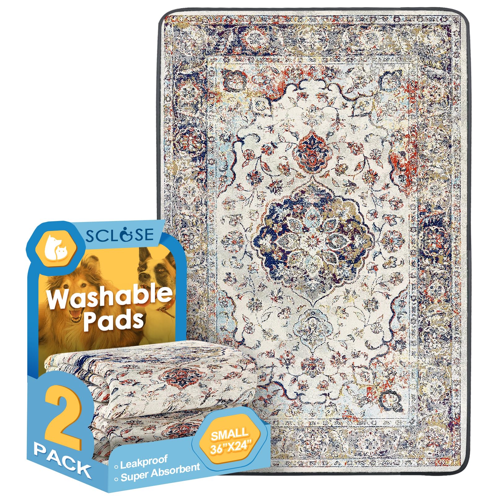 SCLOSE alfombrilla lavable con diseño vintage medallón para perros, ideal para uso diario.