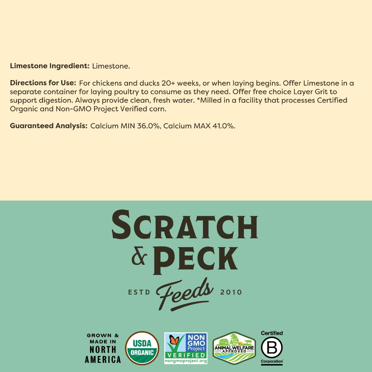 Scratch and Peck Caliza sostenible: fuente confiable para aves de corral.