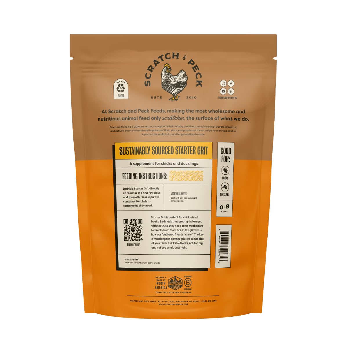 Scratch and Peck Feeds grit grower, 8 semanas, ideal para nutrición progresiva de pollos.