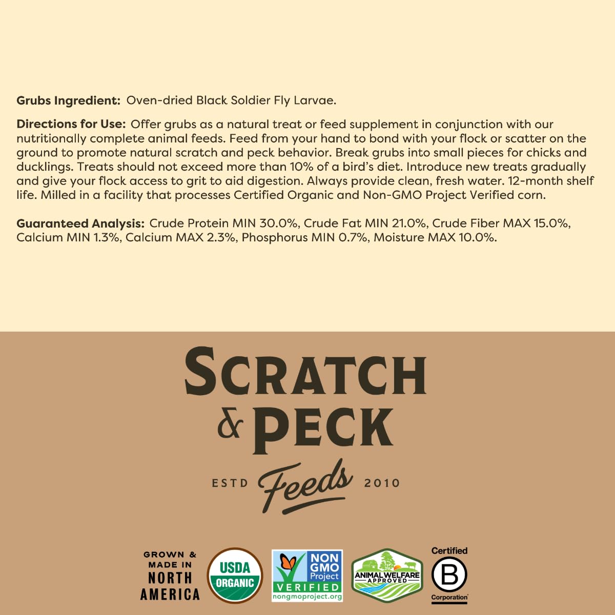 Scratch and Peck Grubs: empaque sostenible que aprovecha desechos para la nutrición animal.