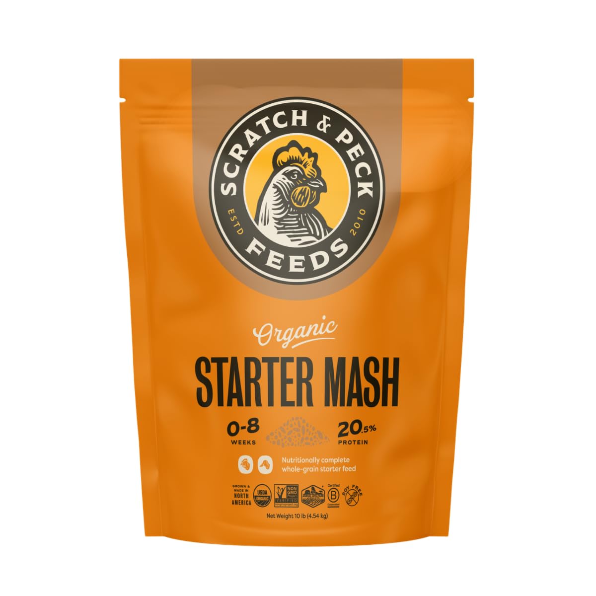 Scratch and Peck Starter Mash para pollitos, proteína 20.5% para crecimiento saludable.
