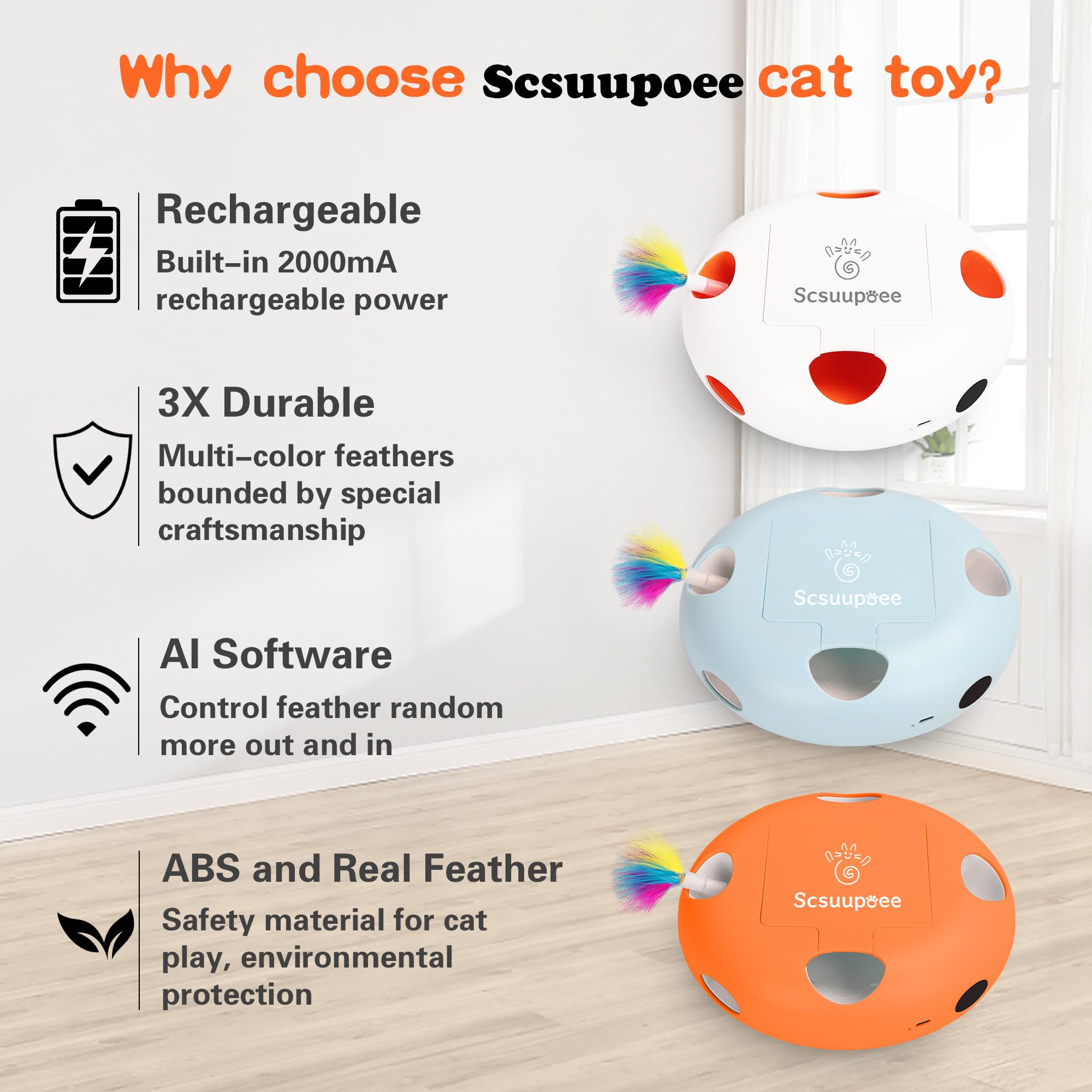 Scsuupoee Juguete gatos: cable tipo C para carga rápida y eficiente.