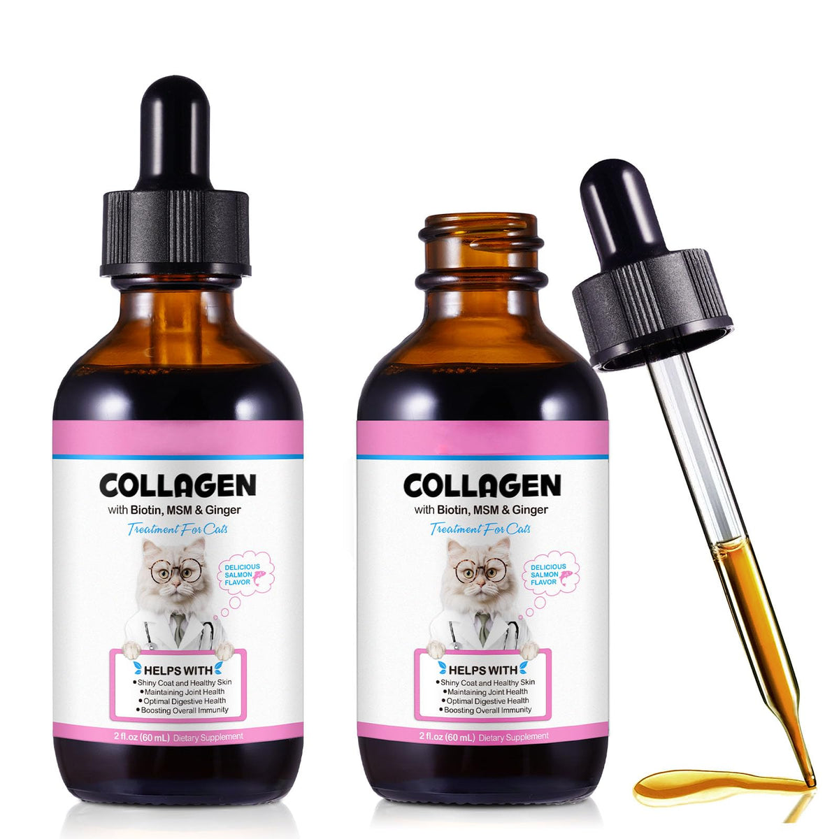 SDJUFEI Collágeno para gatos: botella con gotero para administración fácil y precisa.