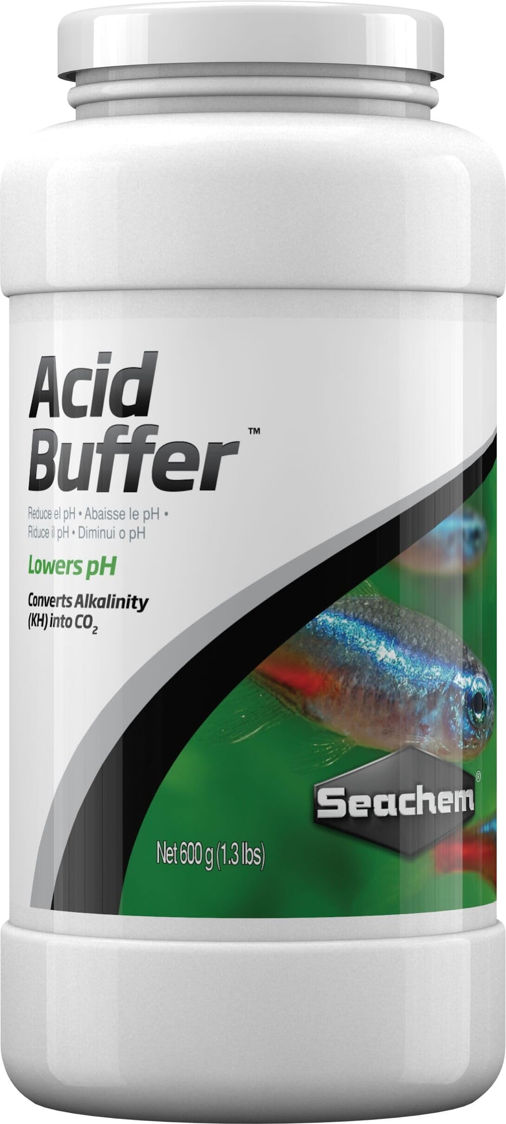 Seachem Acid Buffer 600 g en envase transparente para acuarios plantados.