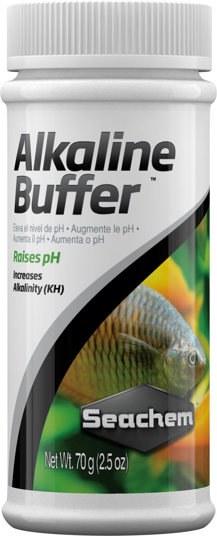 Seachem Alkaline Buffer, uso en acuario, mantiene la alcalinidad sin afectar el color del agua.