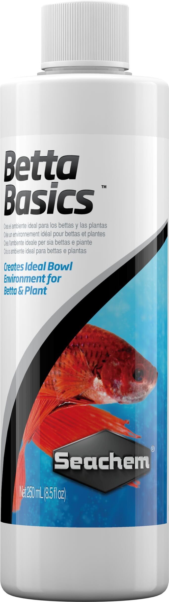 Seachem Betta Basics, botella de 250 ml, crea entorno ideal para bettas y plantas.