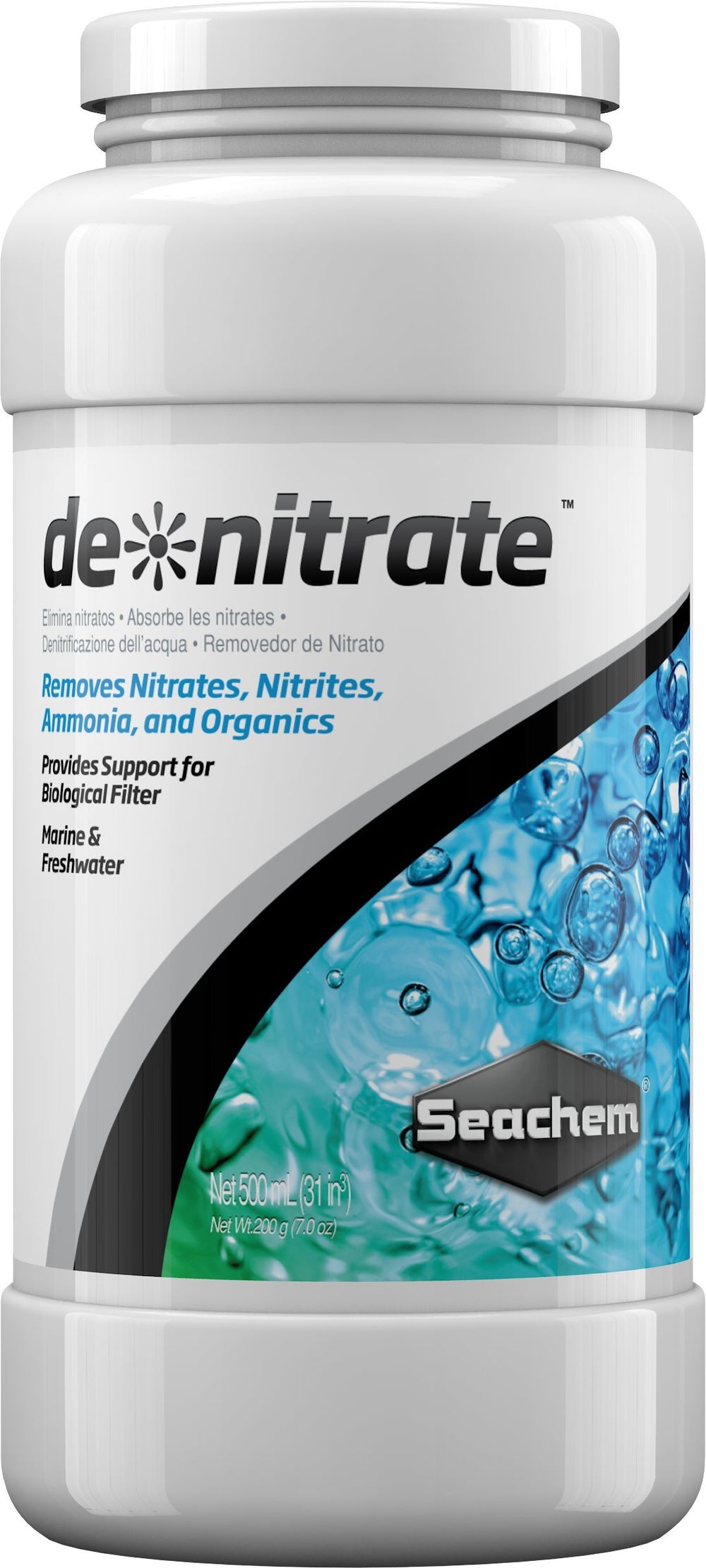 Seachem Denitrate 500 ml en botella, reduce nitratos para un acuario estable.