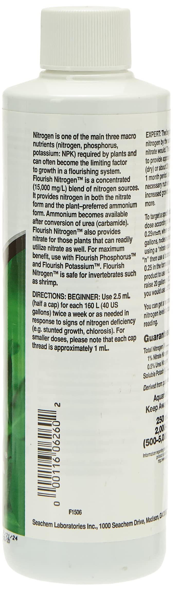 Seachem Flourish Nitrogen, etiqueta-destacada, respalda un producto de calidad para acuarios.