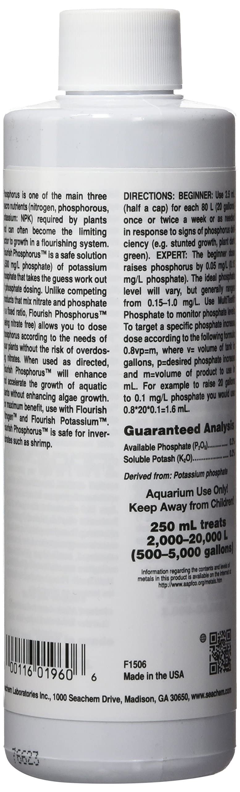 Seachem Flourish Phosphorus, dosis recomendada para acuarios plantados, favorece crecimiento saludable.