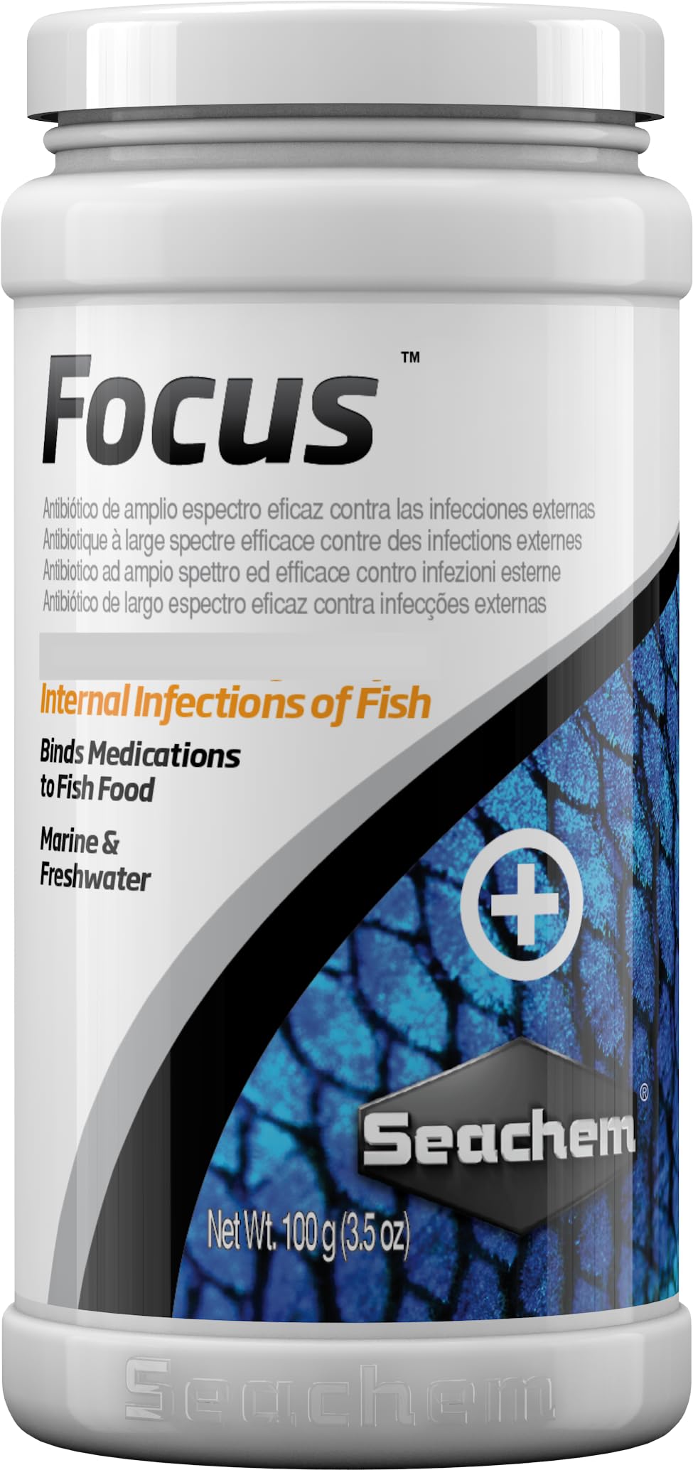 Frasco de Seachem Focus para acuarios, mejora la palatabilidad y absorción por branquias.