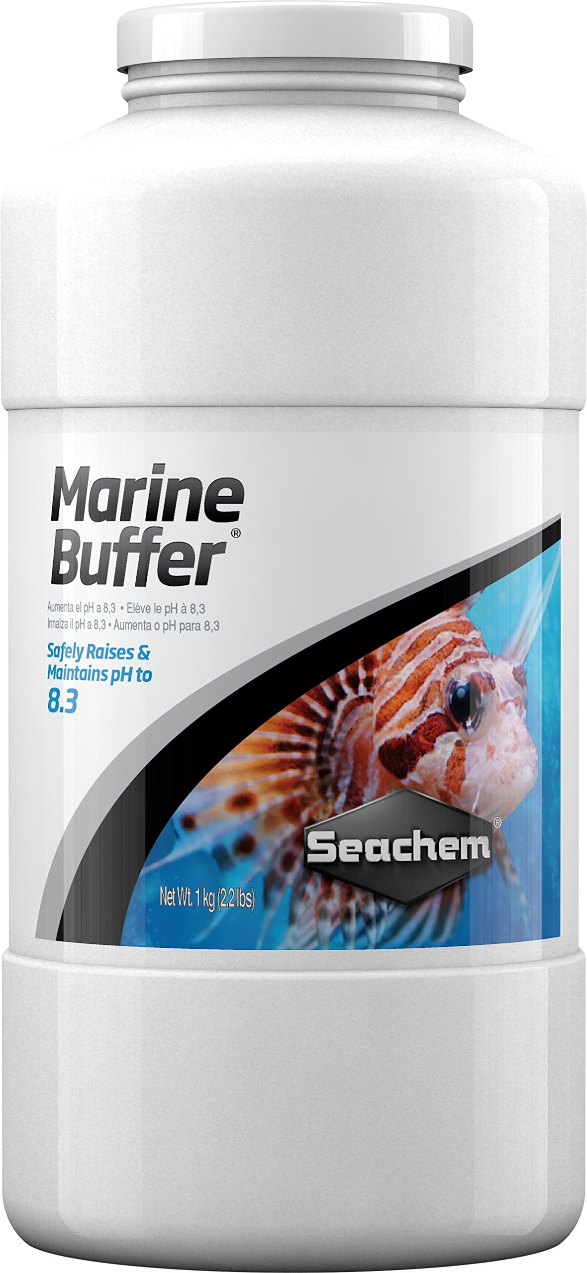 Seachem Marine Buffer 1kg, bote frente: estabilidad de pH para acuarios marinos.