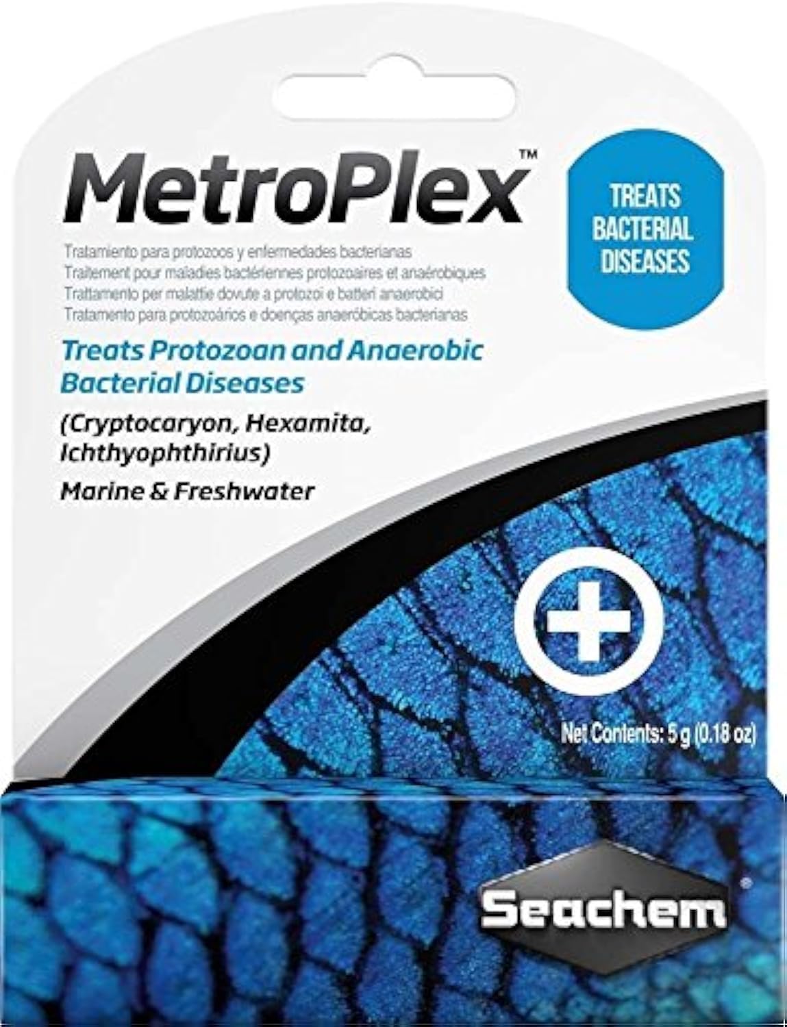 MetroPlex de Seachem en botella para tratar infecciones en acuarios.