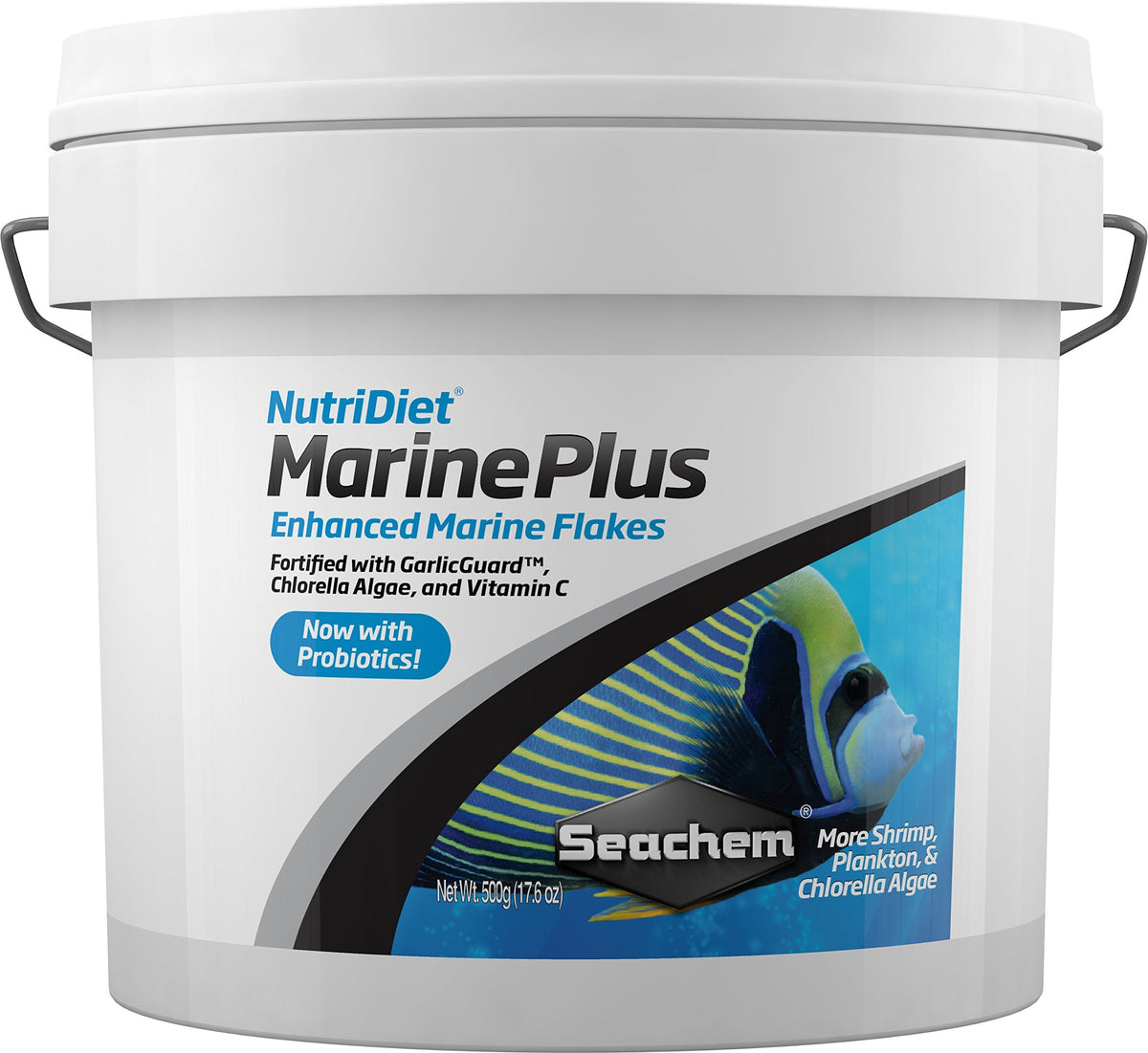 Seachem NutriDiet Marine Plus Flakes frente del envase, alimento balanceado para peces marinos