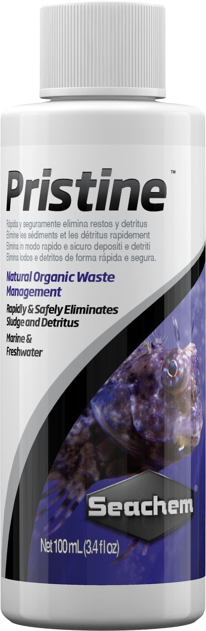 Seachem Pristine: botella vertiendo, mejorando la calidad del agua.