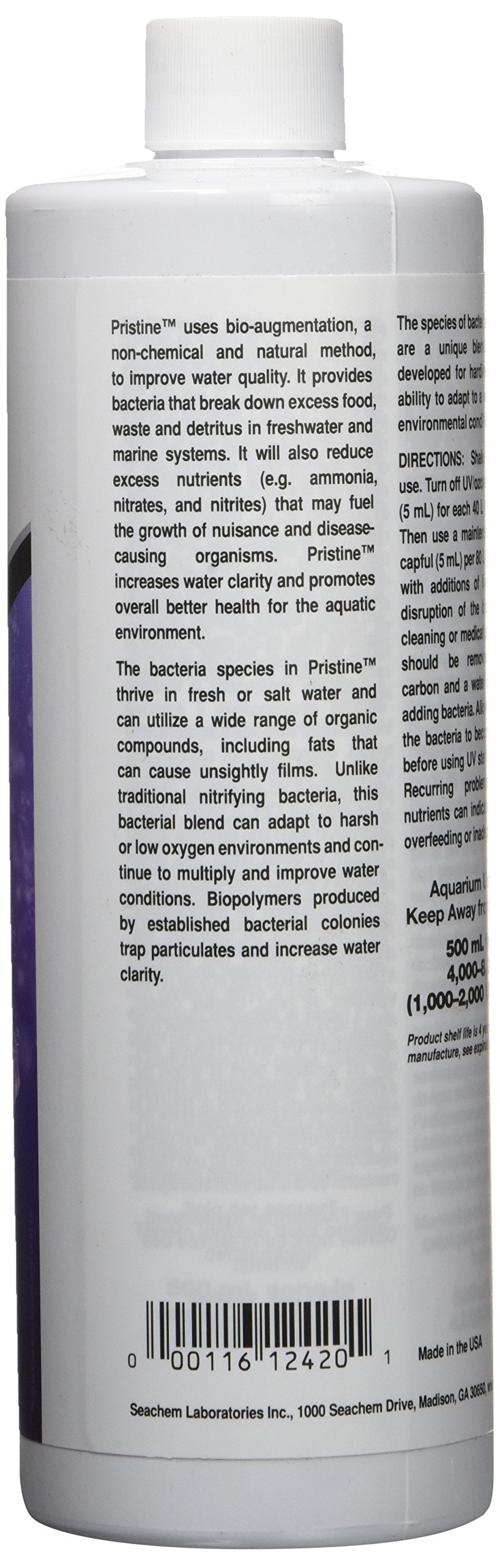 Seachem Pristine etiqueta producto para referencia de uso.