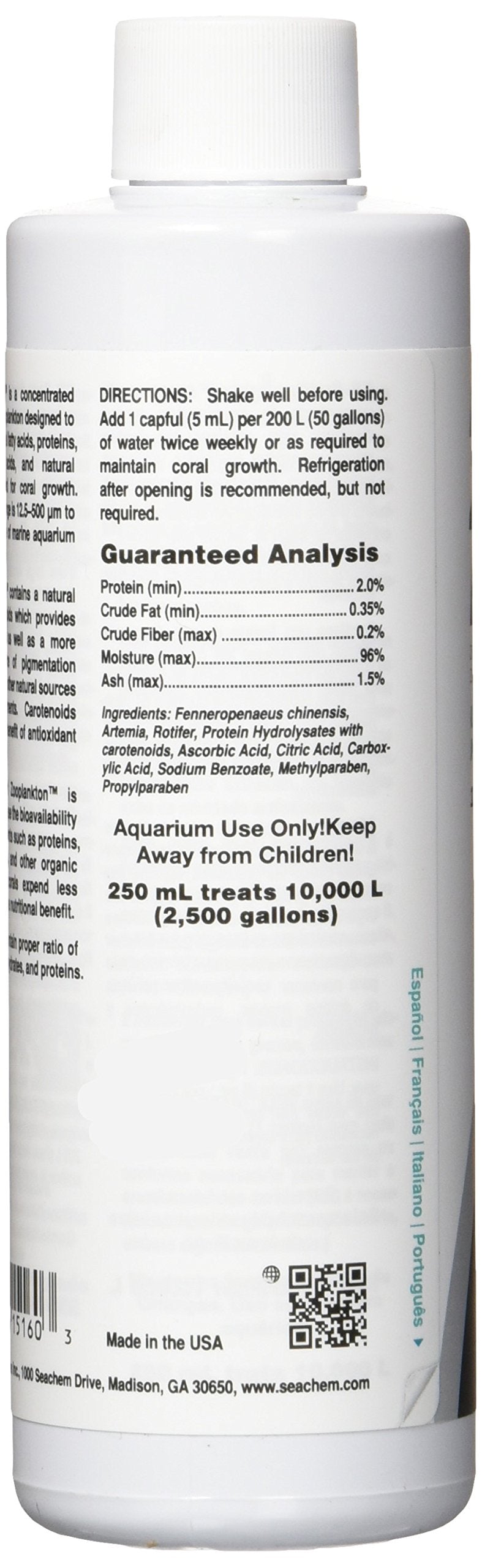 Seachem Reef Zooplankton 250 ml, tapa segura para almacenamiento sin derrames.