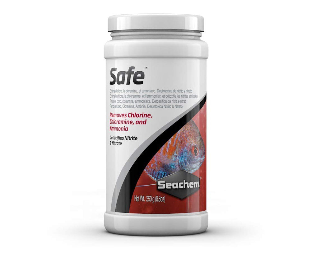 Seachem Safe: botella frontal, elimina cloro y amoníaco para acuarios.