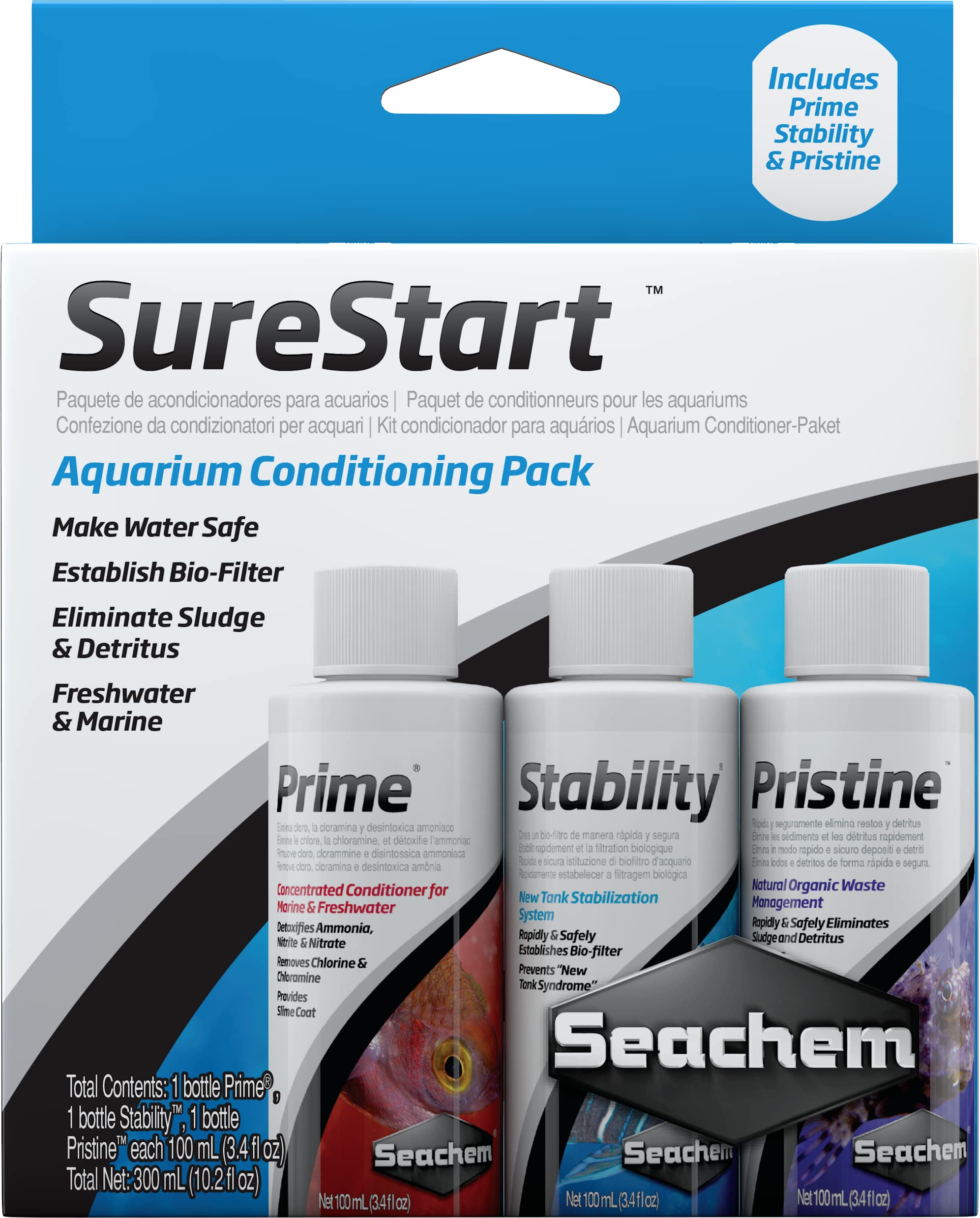 SureStart de Seachem, pack frontal, para acondicionar acuario y facilitar el inicio seguro.
