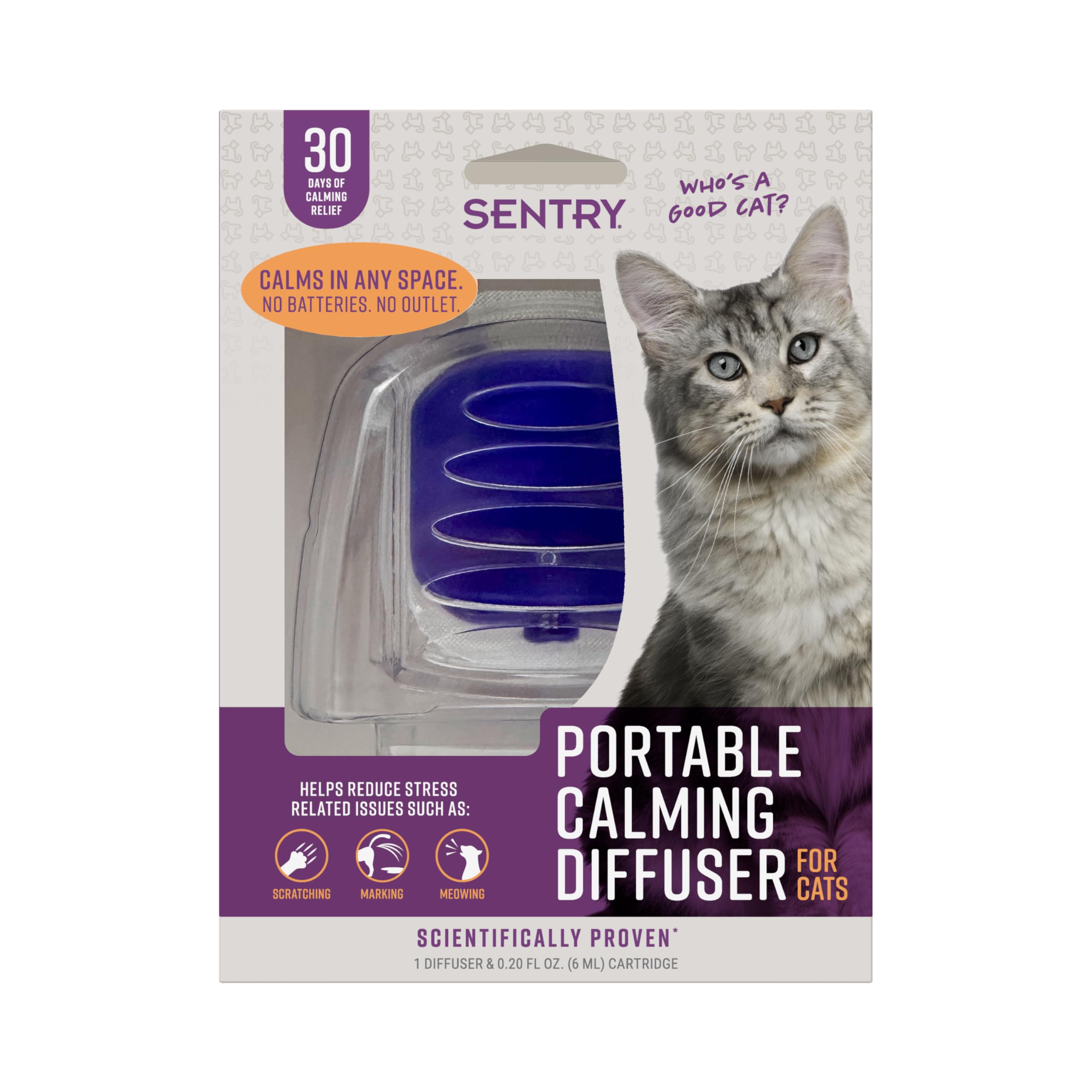 Difusor portátil calmante SENTRY para gatos, reduce estrés diario.