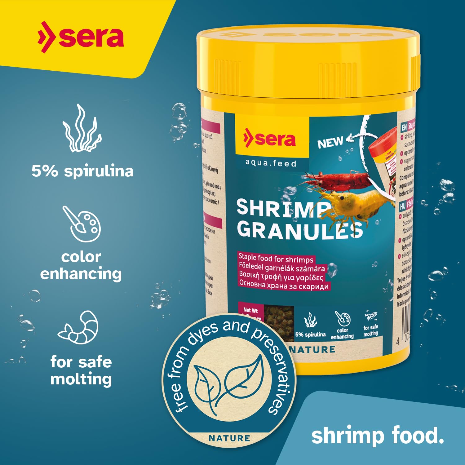 Granulado para gambas con spirulina realza color y vitalidad en acuario.