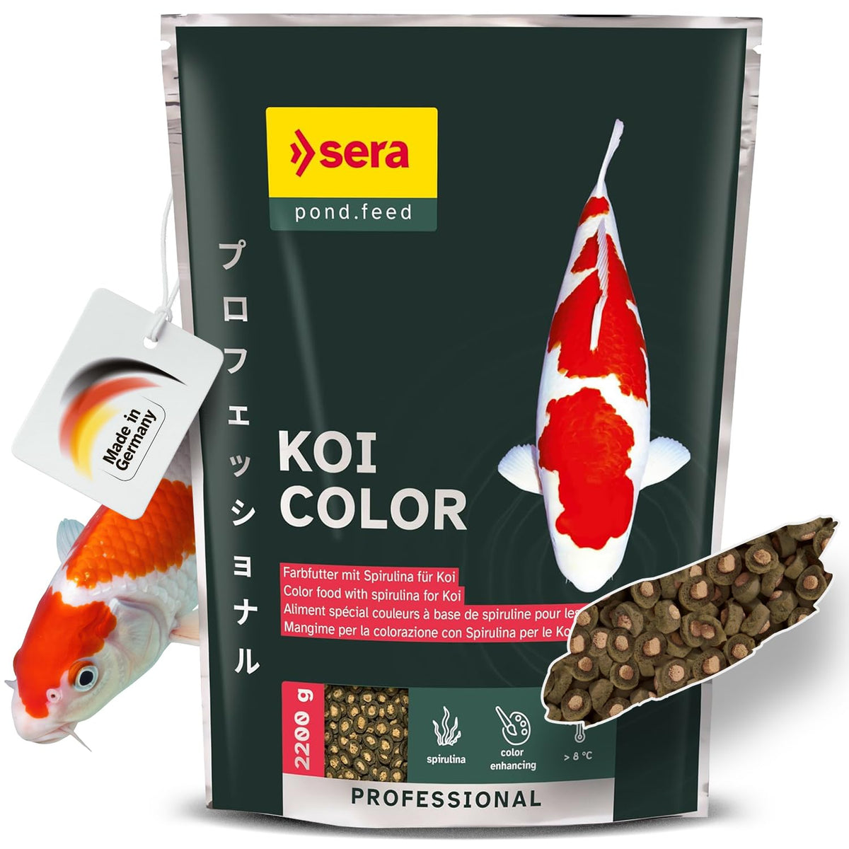 Sera Koi Professional Color: pellets flotantes para estanques, fácil observación de la alimentación.