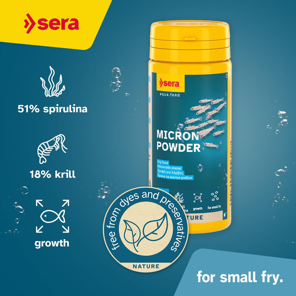 Sera Micron alimento para cría de juveniles, promueve desarrollo.