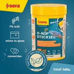 Sera O-Nip Stickies adheridos al vidrio facilitan ver el alimento en peces ornamentales